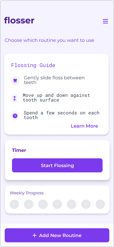 Early home screen: a routine picker with the flossing guide, a Start Flossing timer card, weekly progress, and an Add New Routine button