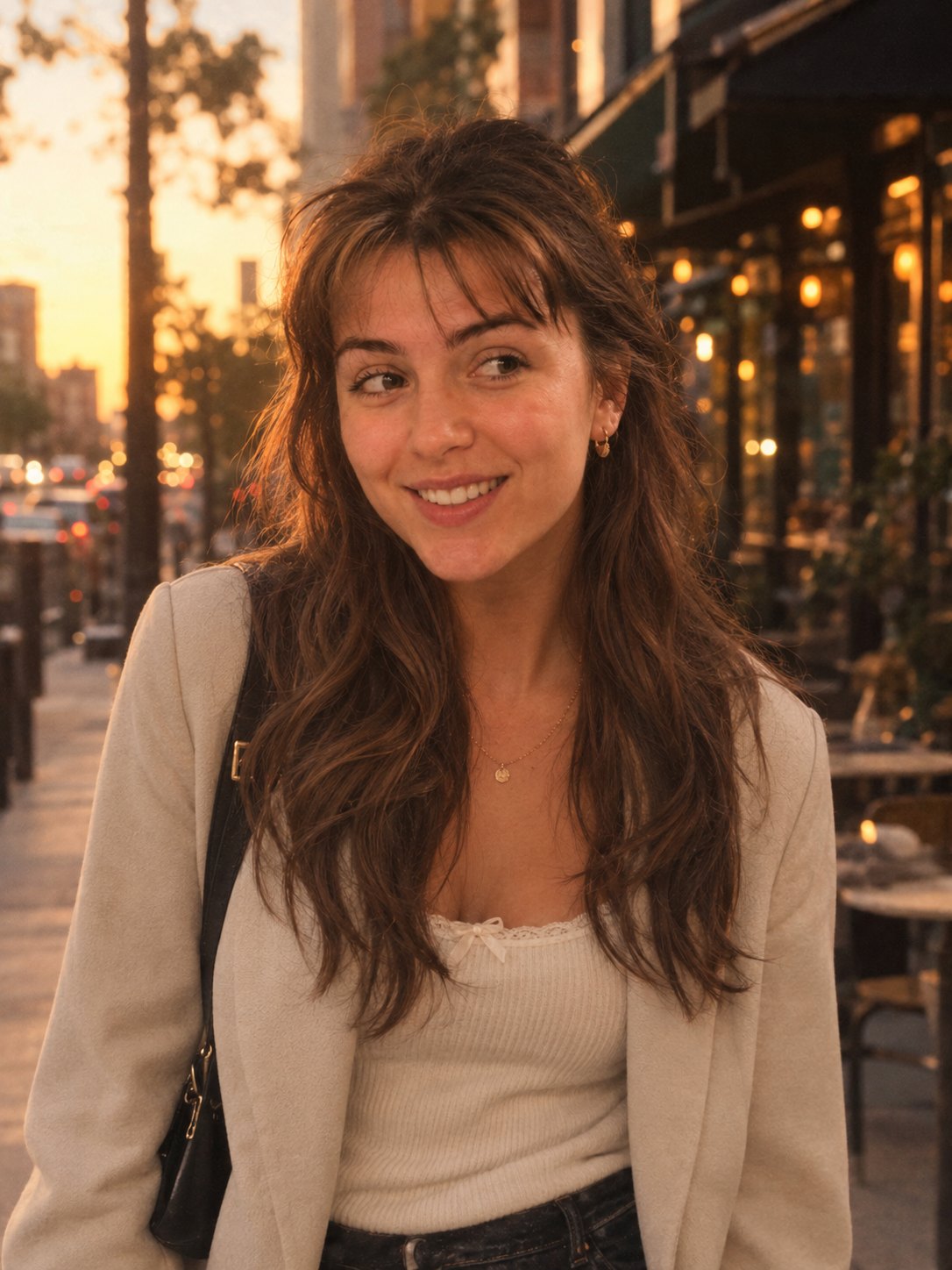 Emily six months later, smiling on a city street at sunset