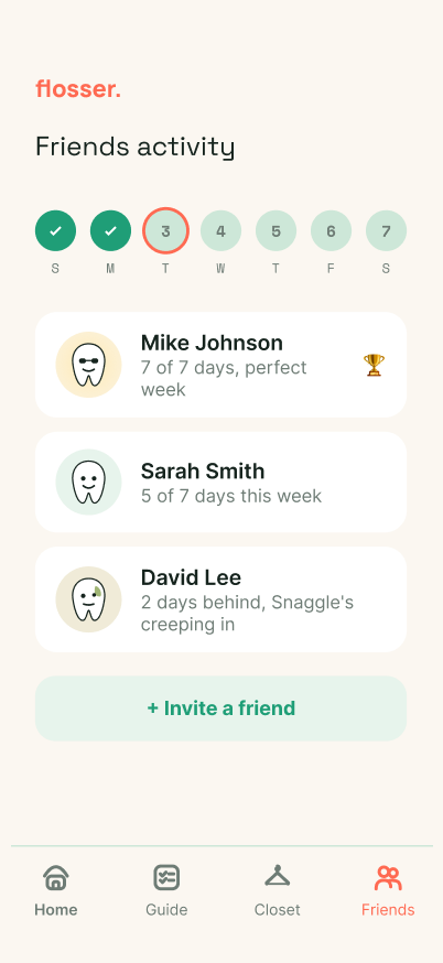 Flosser friends activity screen showing each friend's weekly flossing streak
