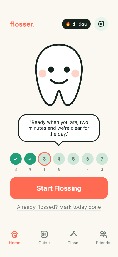 Flosser home screen showing Chip the tooth mascot, a 1-day streak, and the week's flossing checklist