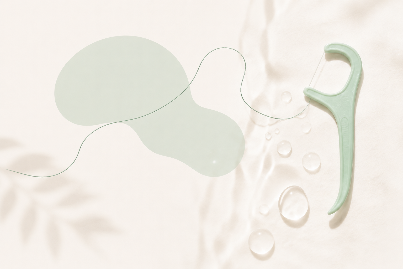 A soft organic blob shape and a curving line of floss beside a mint floss pick and water droplets on cream fabric