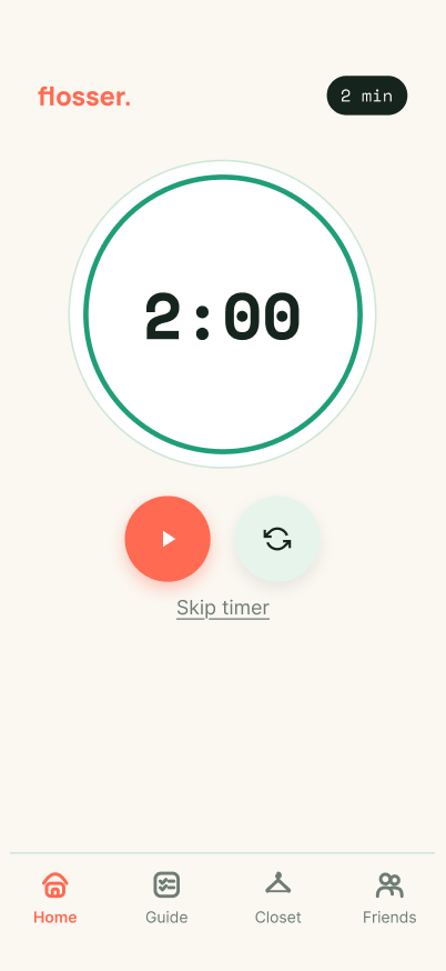 Flosser timer screen with a 2-minute countdown ring and skip-timer option