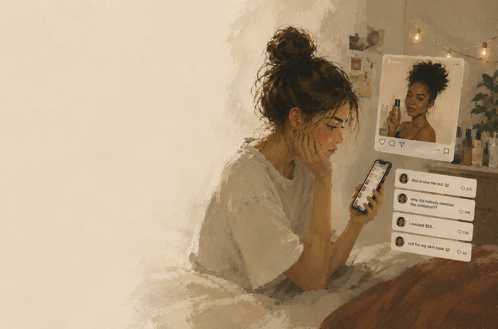 A user, discouraged, reading comments about a product that broke her out