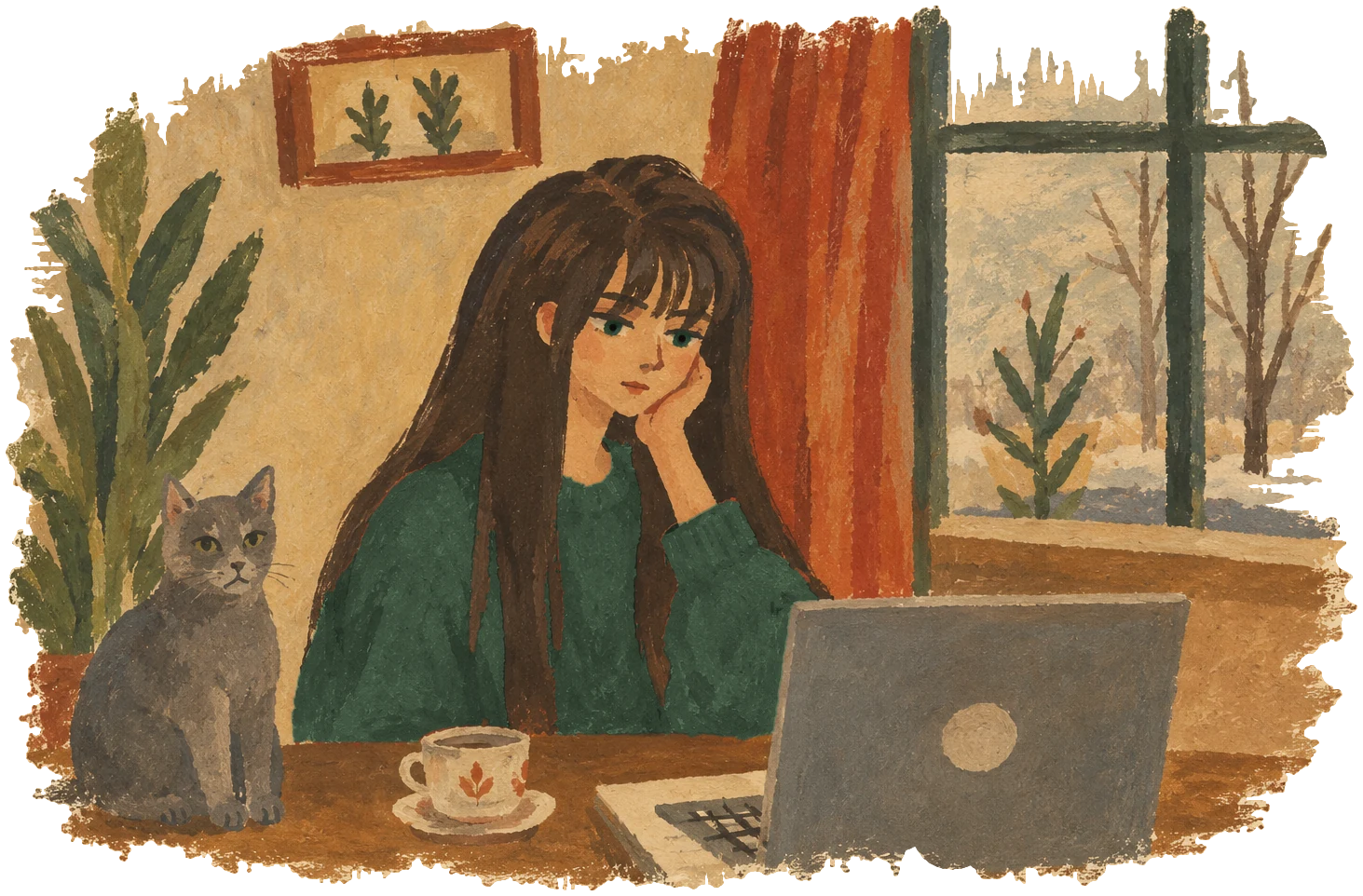 Painted illustration of Alisa in a green sweater working at her laptop by a window, with her grey cat and a tall plant beside her.