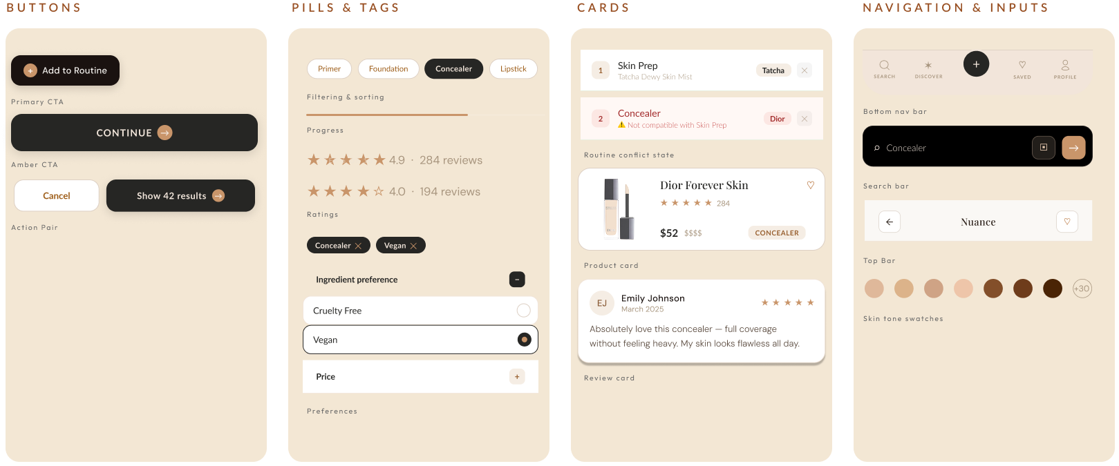Nuance UI kit: buttons, pills and tags, cards, and navigation and input components