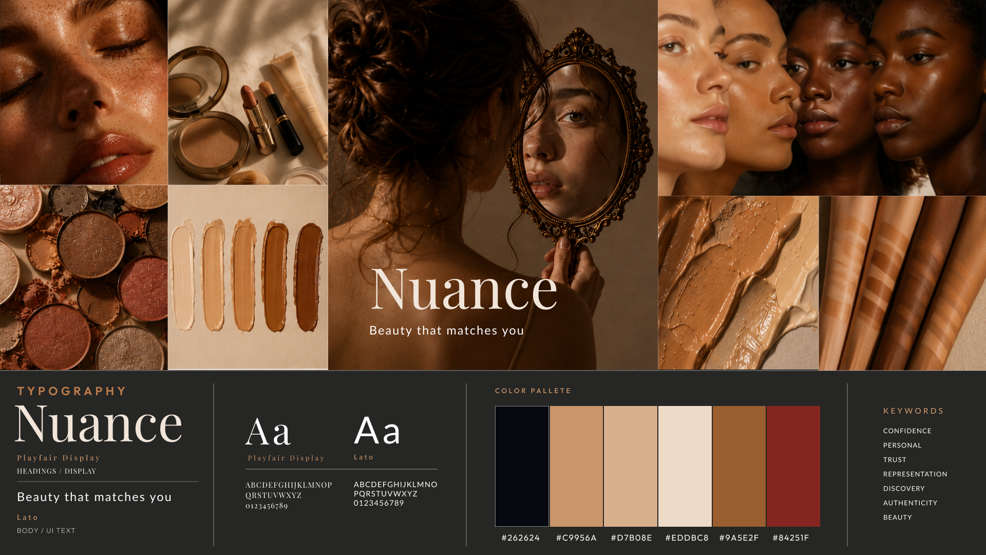 Nuance moodboard: warm editorial beauty references, typography, and colour palette
