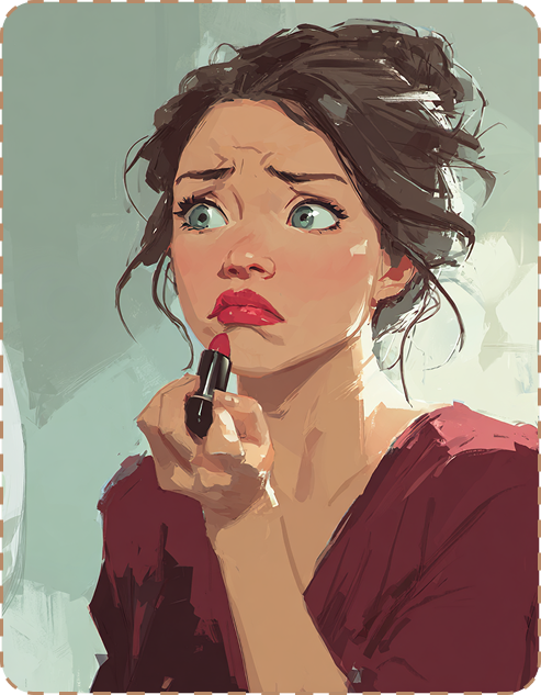 Stacy, frustrated, applying a shade that isn't quite right