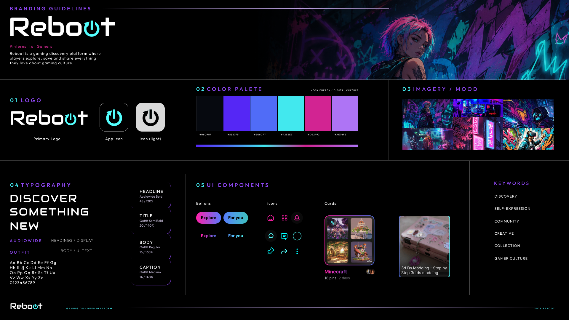 Reboot branding guidelines: UI components, color palette, and logo marks