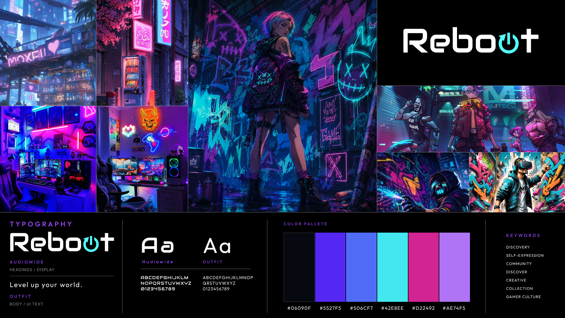 Reboot moodboard: cyberpunk gaming references, character art, and typography