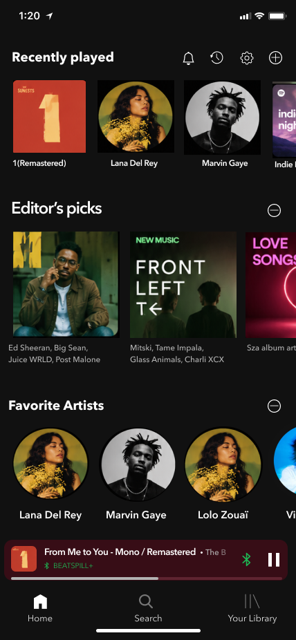 Final Spotify home screen with a hide control on each shelf and quick actions in the header